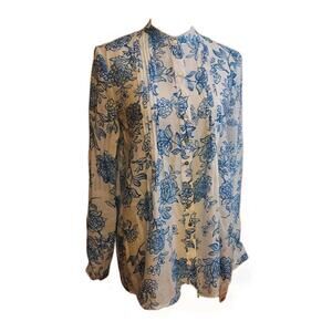 Nanette Lepore Tunic Blouse Blue & White Pintuck Pleats Mock Collar Size S flowy